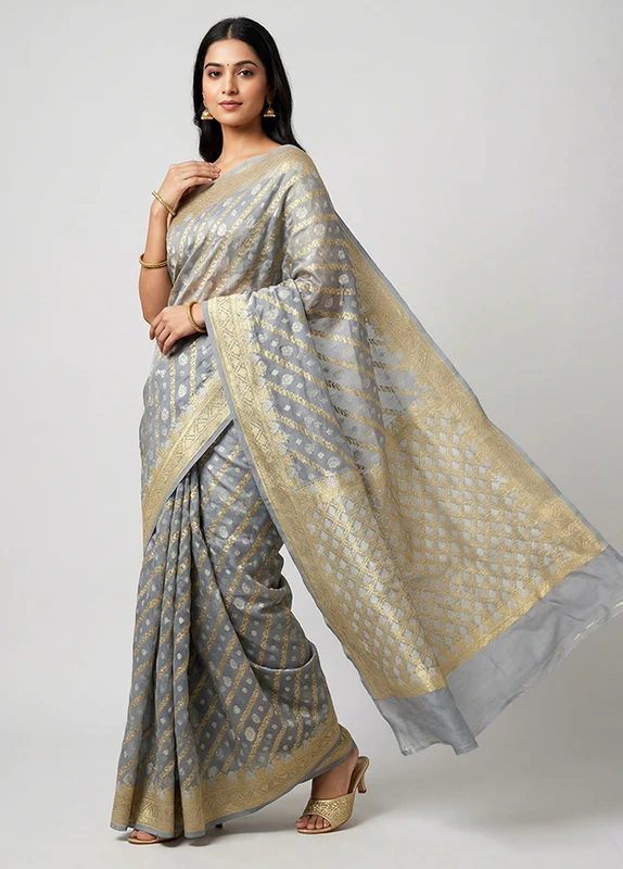 Grey Kora Silk Saree With Blouse Piece One Size