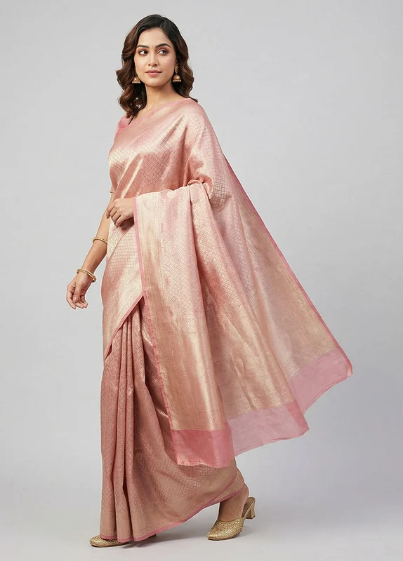 Pink Tissue Silk Saree With Blouse Piece One Size