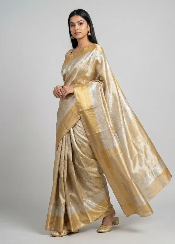 Gold Tissue Silk Saree With Blouse Piece One Size