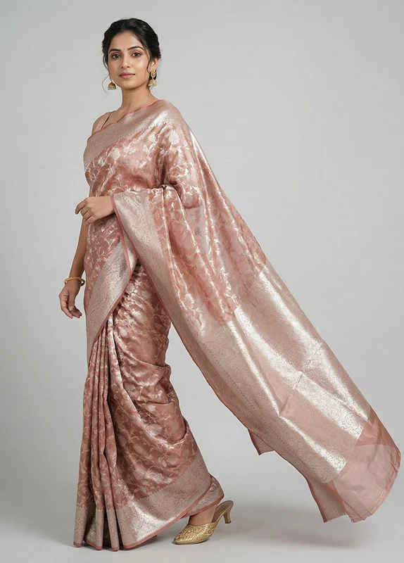 Pink Tissue Silk Saree With Blouse Piece One Size