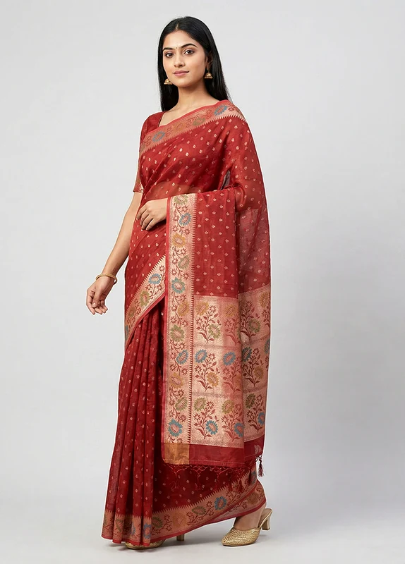 Maroon Kora Silk Saree With Blouse Piece One Size