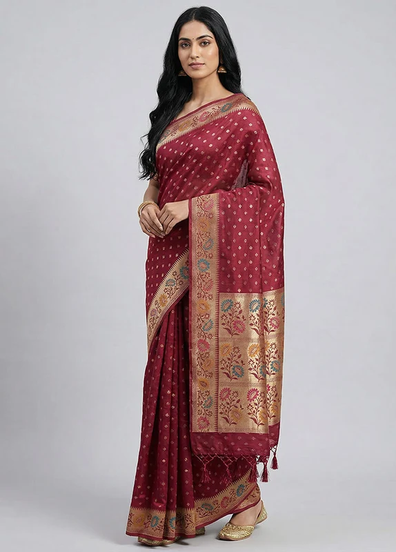 Pink Kora Silk Saree With Blouse Piece One Size