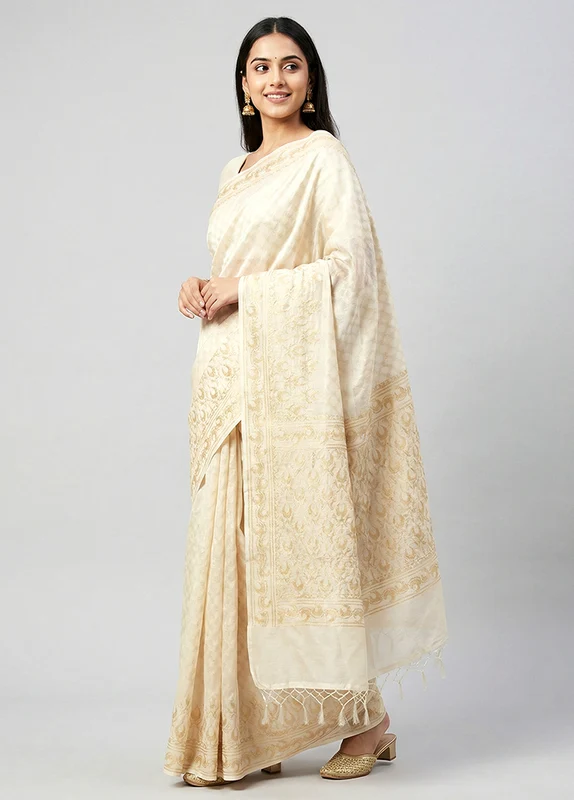 Cream Kora Silk Saree With Blouse Piece One Size