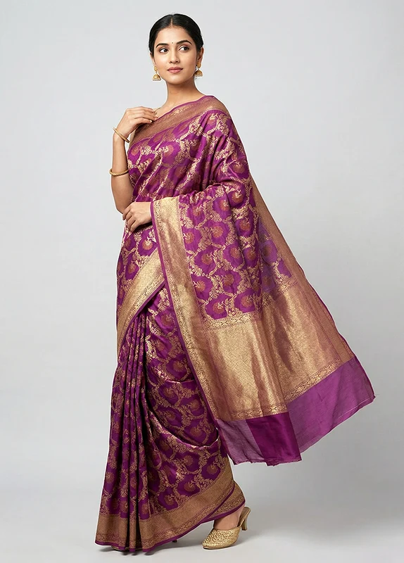 Pink Kora Silk Saree With Blouse Piece One Size