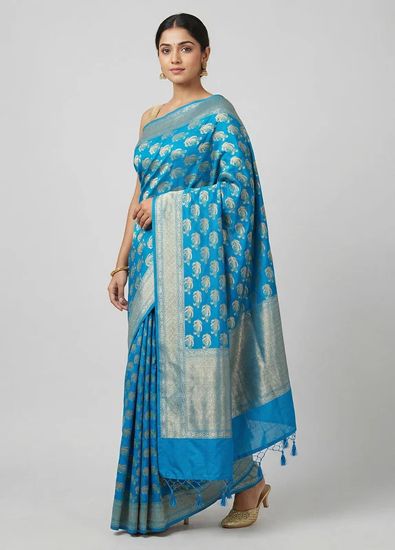 Blue Kora Silk Saree With Blouse Piece One Size