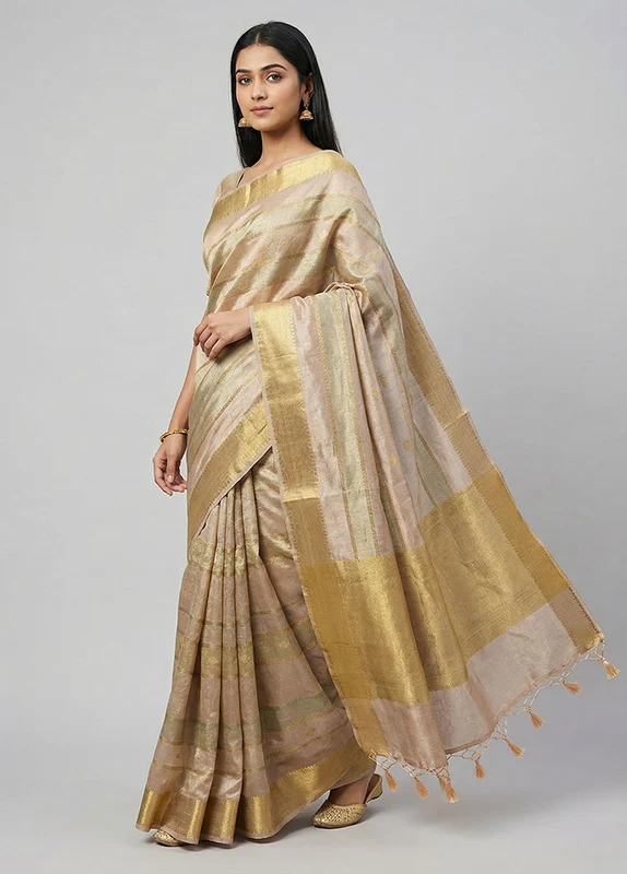 Multicolor Tissue Silk Saree With Blouse Piece One Size