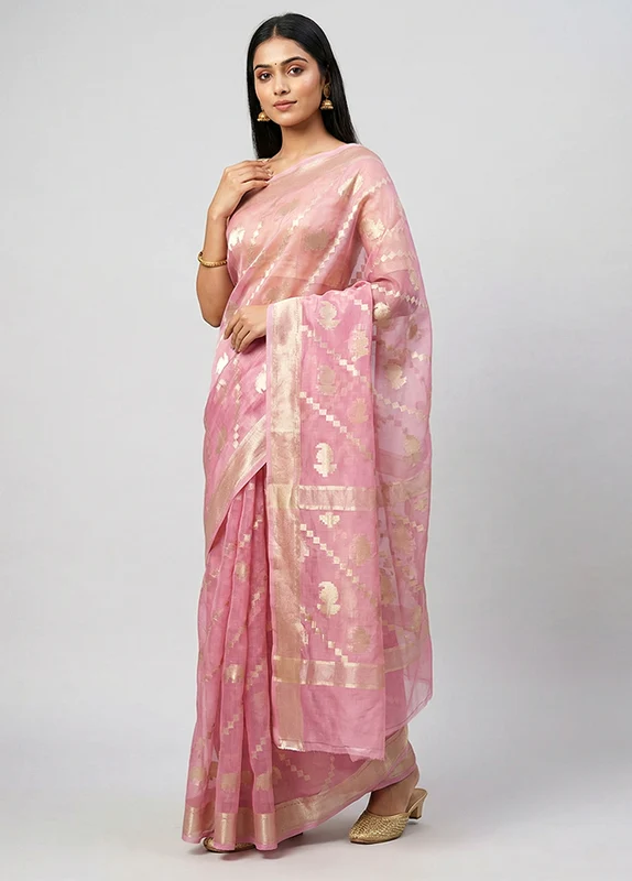 Pink Organza Saree With Blouse Piece One Size