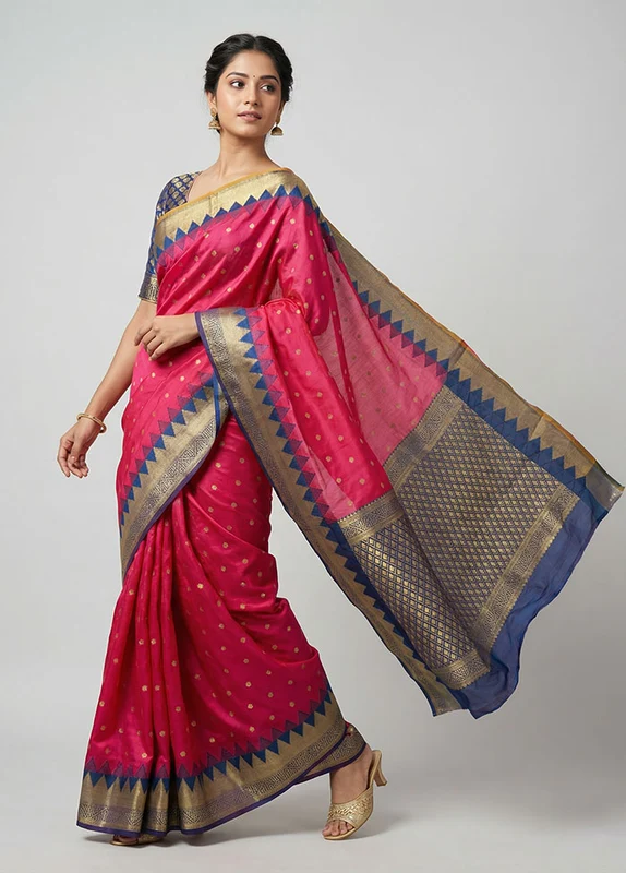Pink Kanjivaram Silk Saree With Blouse Piece One Size