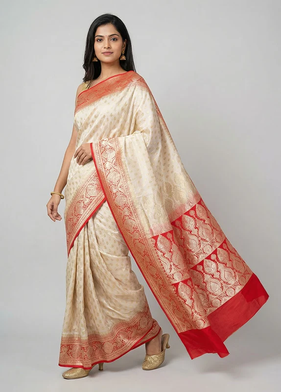 Cream Banarasi Silk Saree With Blouse Piece One Size