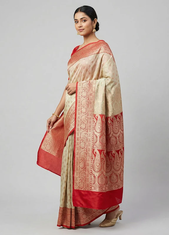 Cream Banarasi Silk Saree With Blouse Piece One Size