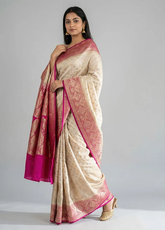 Cream Banarasi Silk Saree With Blouse Piece One Size