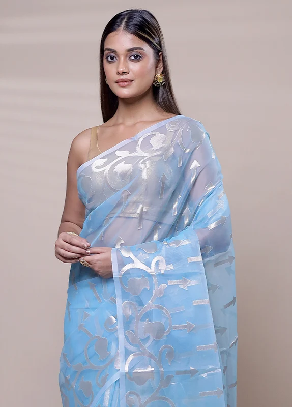 Blue Organza Saree With Blouse Piece Onesize