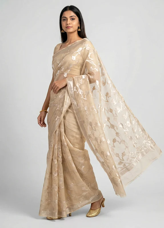 White Organza Saree With Blouse Piece One Size