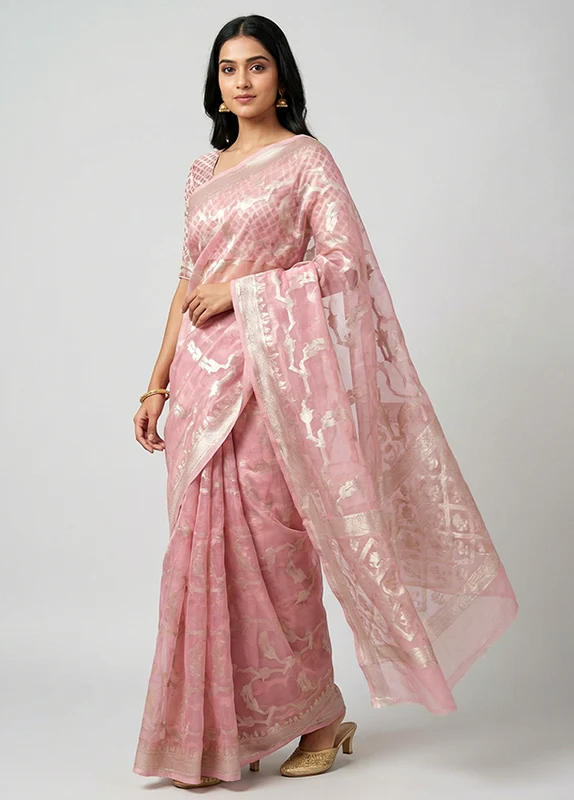 Pink Organza Saree With Blouse Piece One Size