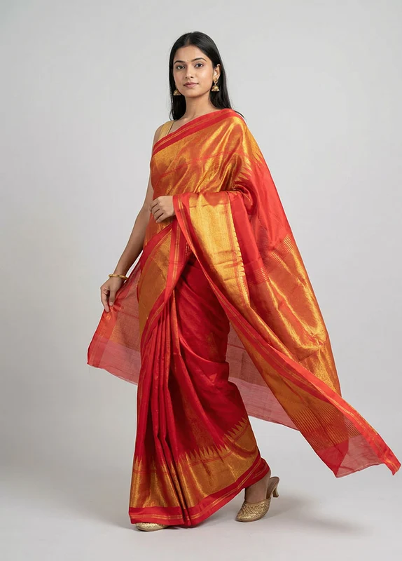 Red Handloom Kanchipuram Pure Silk Saree With Blouse Piece One Size