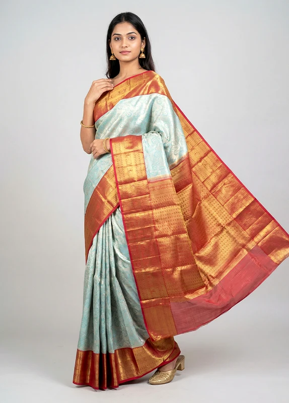 Blue Handloom Kanchipuram Pure Silk Saree With Blouse Piece One Size
