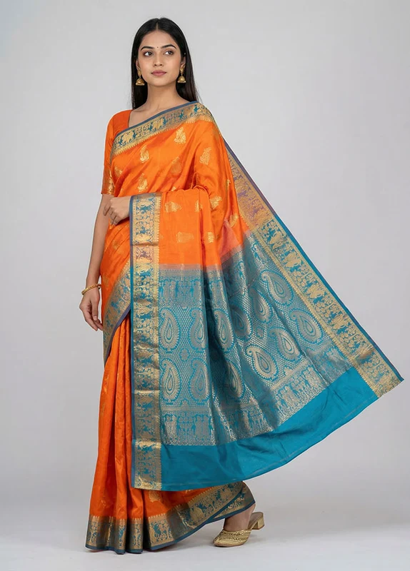 Rust Handloom Kanjivaram Pure Silk Saree With Blouse Piece One Size