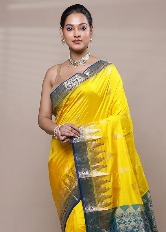 Yellow Handloom Kanjivaram Pure Silk Saree With Blouse Piece Onesize