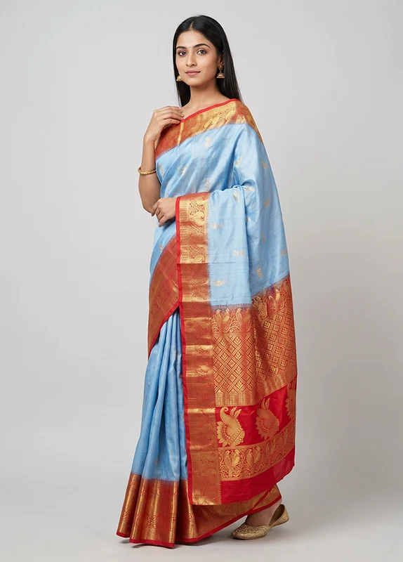 Blue Handloom Kanjivaram Pure Silk Saree With Blouse Piece One Size