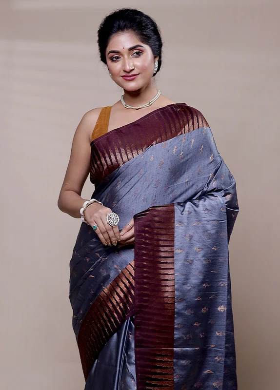 Grey Dupion Silk Saree With Blouse Piece Onesize