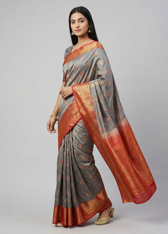 Grey Kanjivaram Silk Saree With Blouse Piece One Size