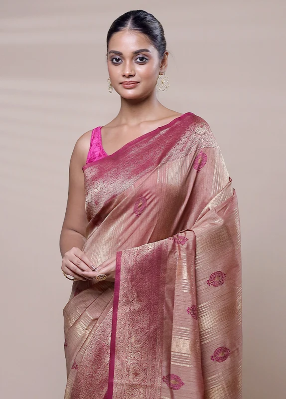 Golden Dupion Silk Saree With Blouse Piece Onesize