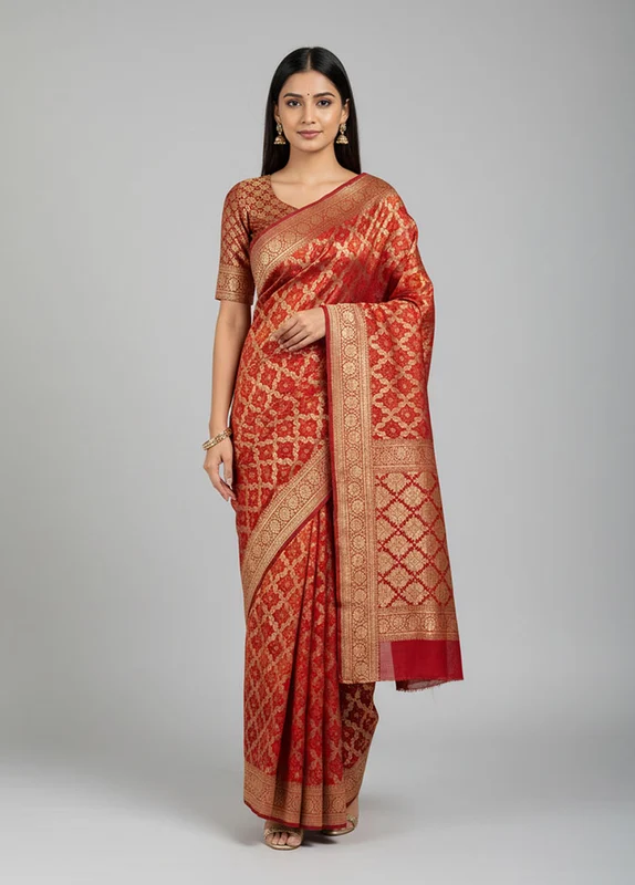 Red Bandhej Silk Saree With Blouse Piece One Size