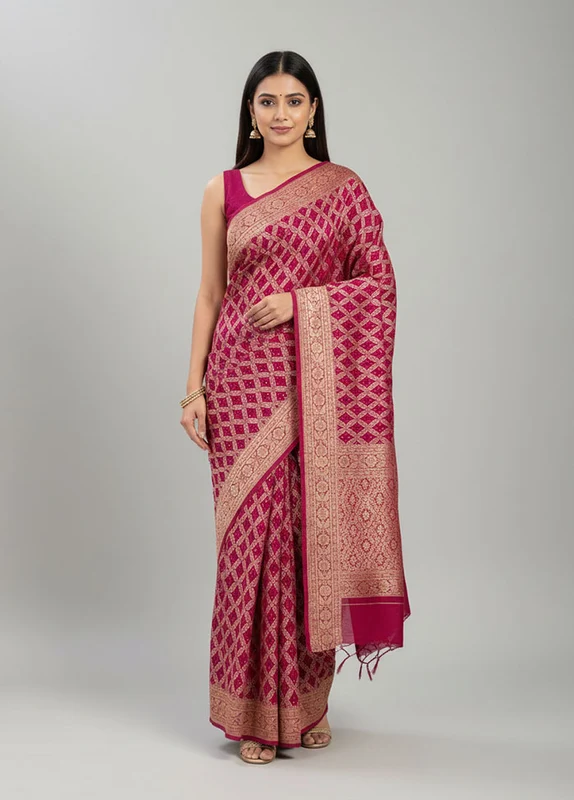 Pink Bandhej Silk Saree With Blouse Piece One Size