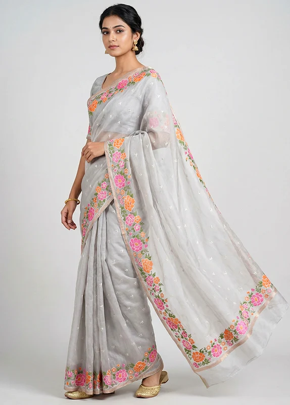 White Organza Saree With Blouse Piece One Size