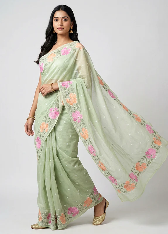 Green Organza Saree With Blouse Piece One Size