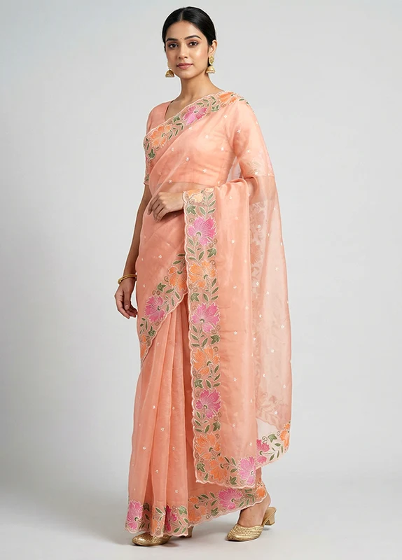 Pink Organza Saree With Blouse Piece One Size