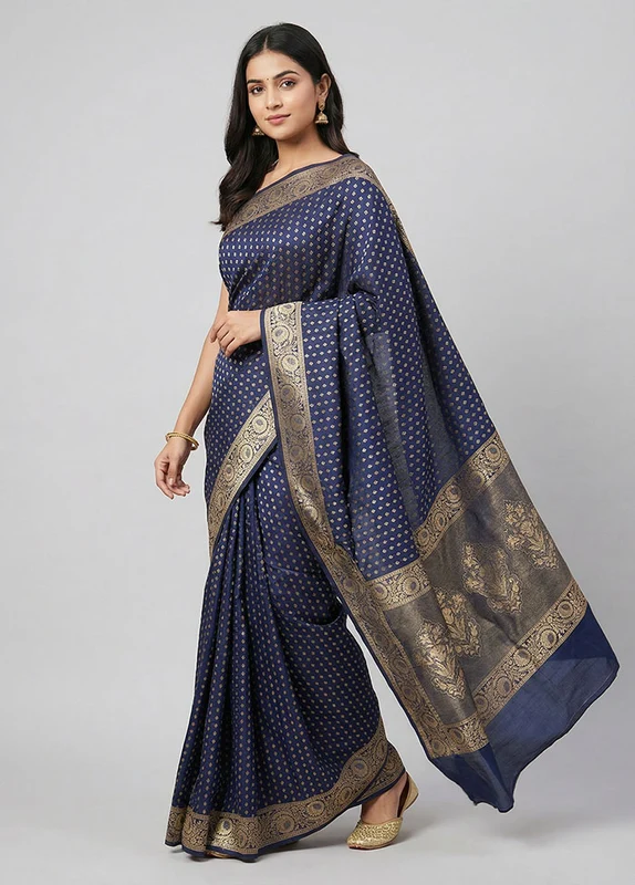 Blue Dupion Silk Saree With Blouse Piece One Size