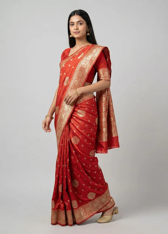 Red Dupion Silk Saree With Blouse Piece One Size