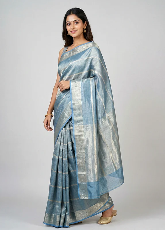 Blue Tissue Silk Saree With Blouse Piece One Size