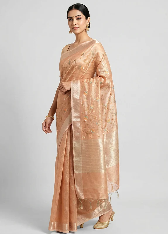Gold Tissue Silk Saree With Blouse Piece One Size