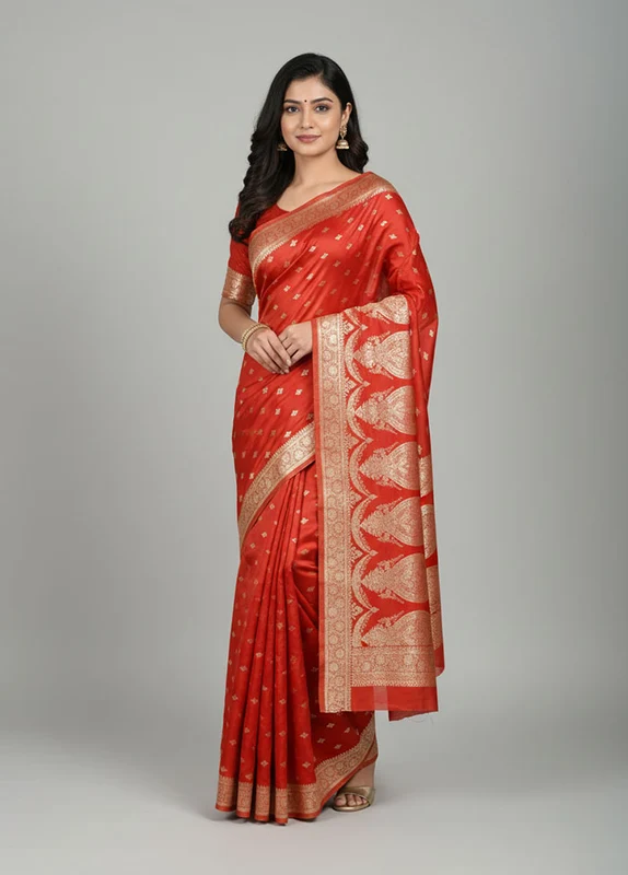 Red Banarasi Silk Saree With Blouse Piece One Size