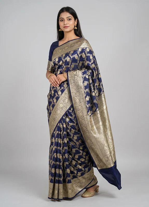 Blue Banarasi Silk Saree With Blouse Piece One Size