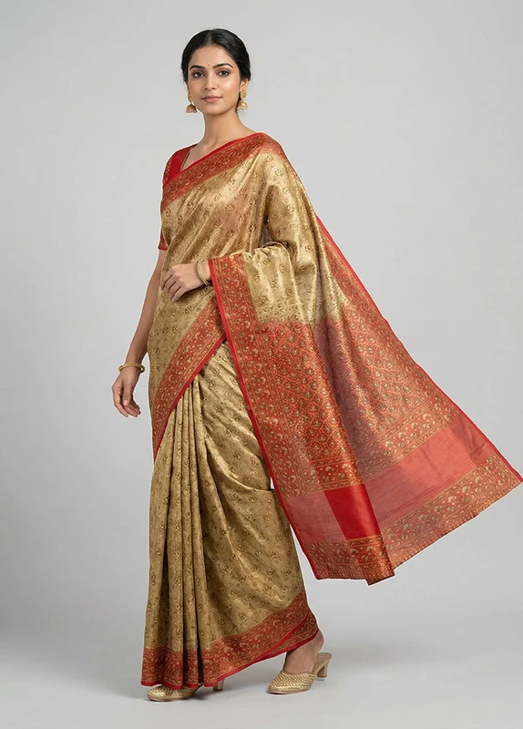 Cream Handloom Jamewar Pure Silk Saree With Blouse Piece One Size