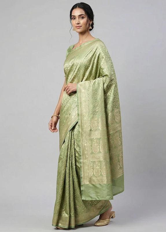 Green Handloom Jamewar Pure Silk Saree With Blouse Piece One Size