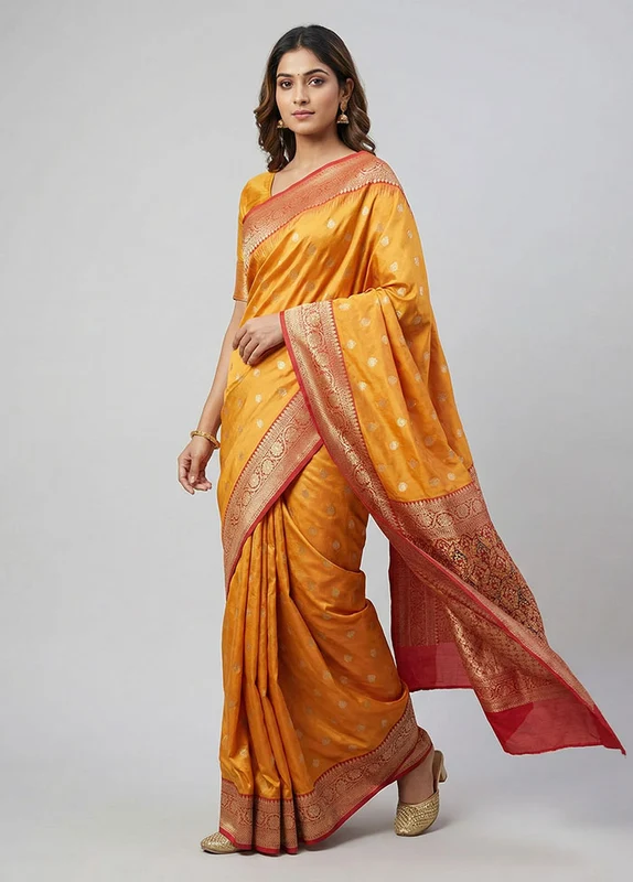 Yellow Handloom Katan Pure Silk Saree With Blouse Piece One Size