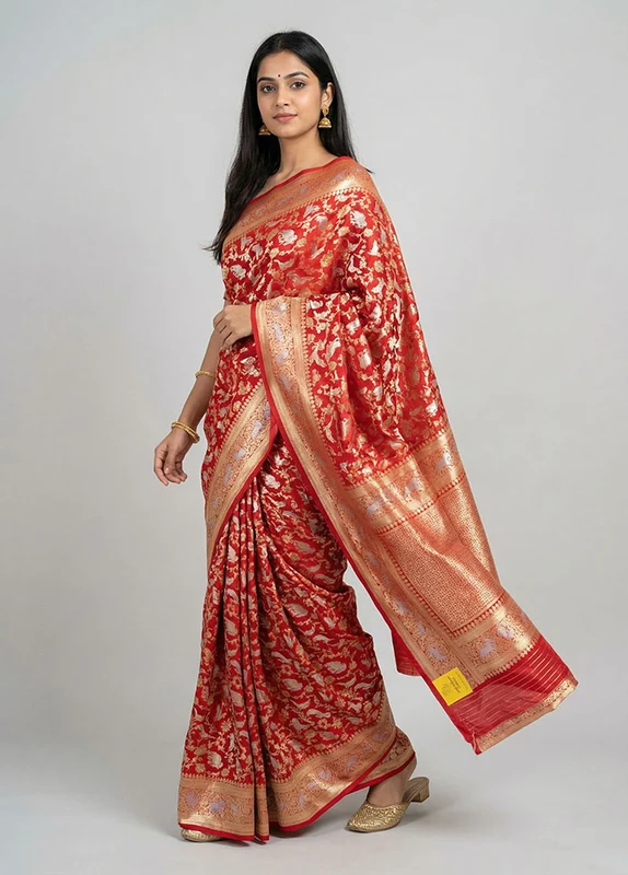 Red Handloom Katan Pure Silk Saree With Blouse Piece One Size