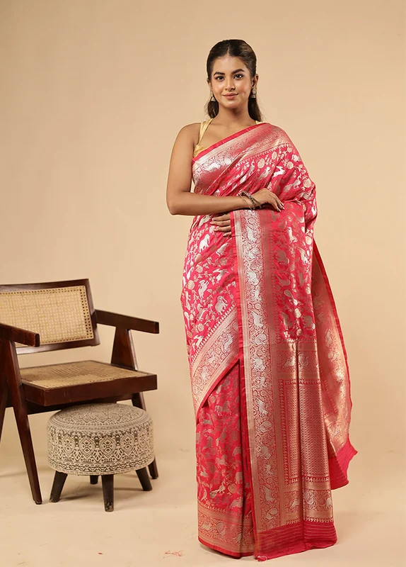 Pink Handloom Katan Pure Silk Saree With Blouse Piece One Size