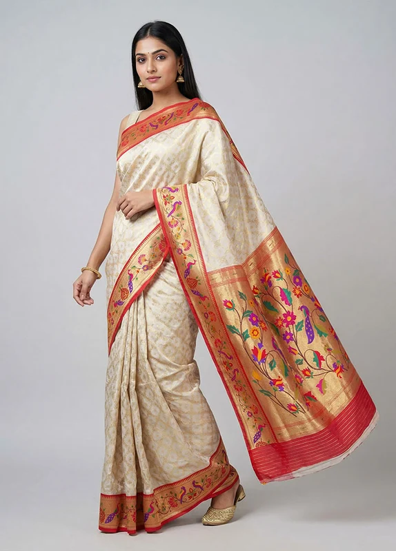 Cream Handloom Uppada Pure Silk Saree With Blouse Piece One Size