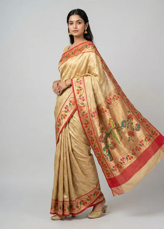 Cream Handloom Uppada Pure Silk Saree With Blouse Piece One Size