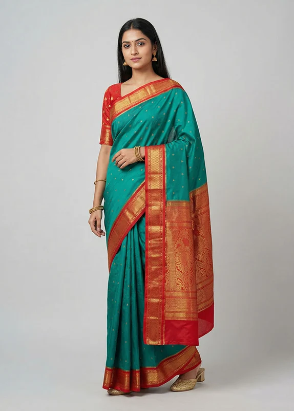 Green Kanjivaram Silk Saree With Blouse Piece One Size