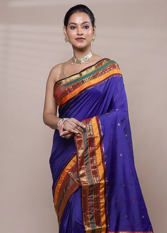 Blue Kanjivaram Silk Saree With Blouse Piece Onesize