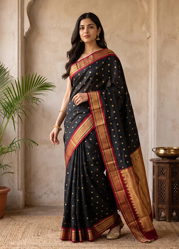 Black Handloom Kanchipuram Pure Silk Saree With Blouse Piece One Size