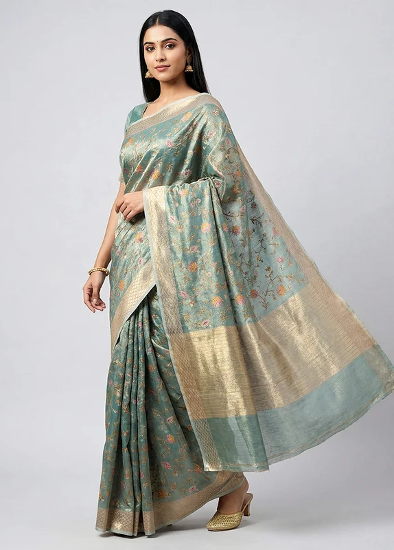 Blue Tissue Silk Saree With Blouse Piece One Size