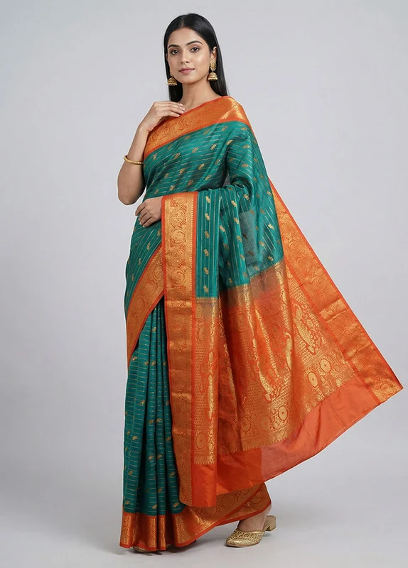 Multicolor Kanjivaram Silk Saree With Blouse Piece One Size