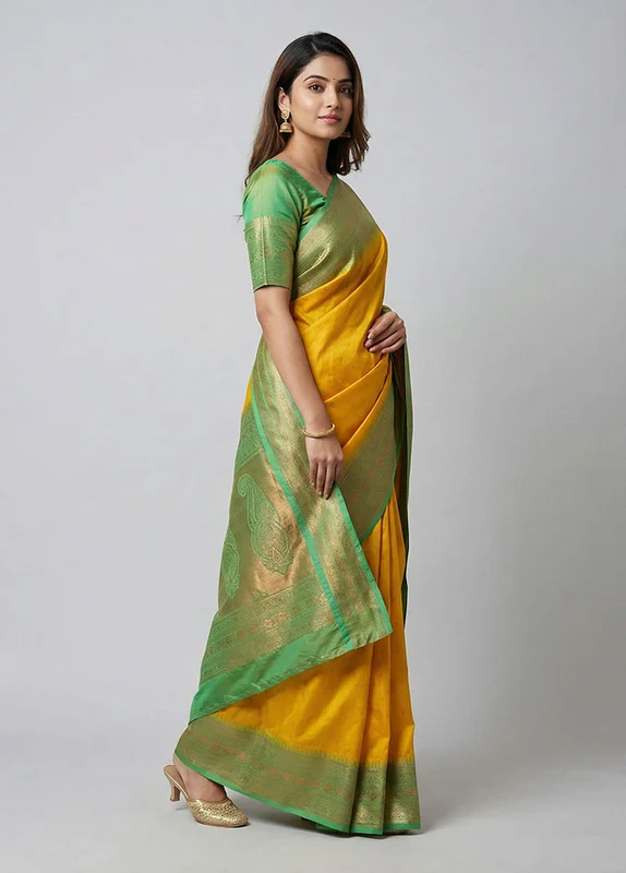 Multicolor Kanjivaram Silk Saree With Blouse Piece One Size
